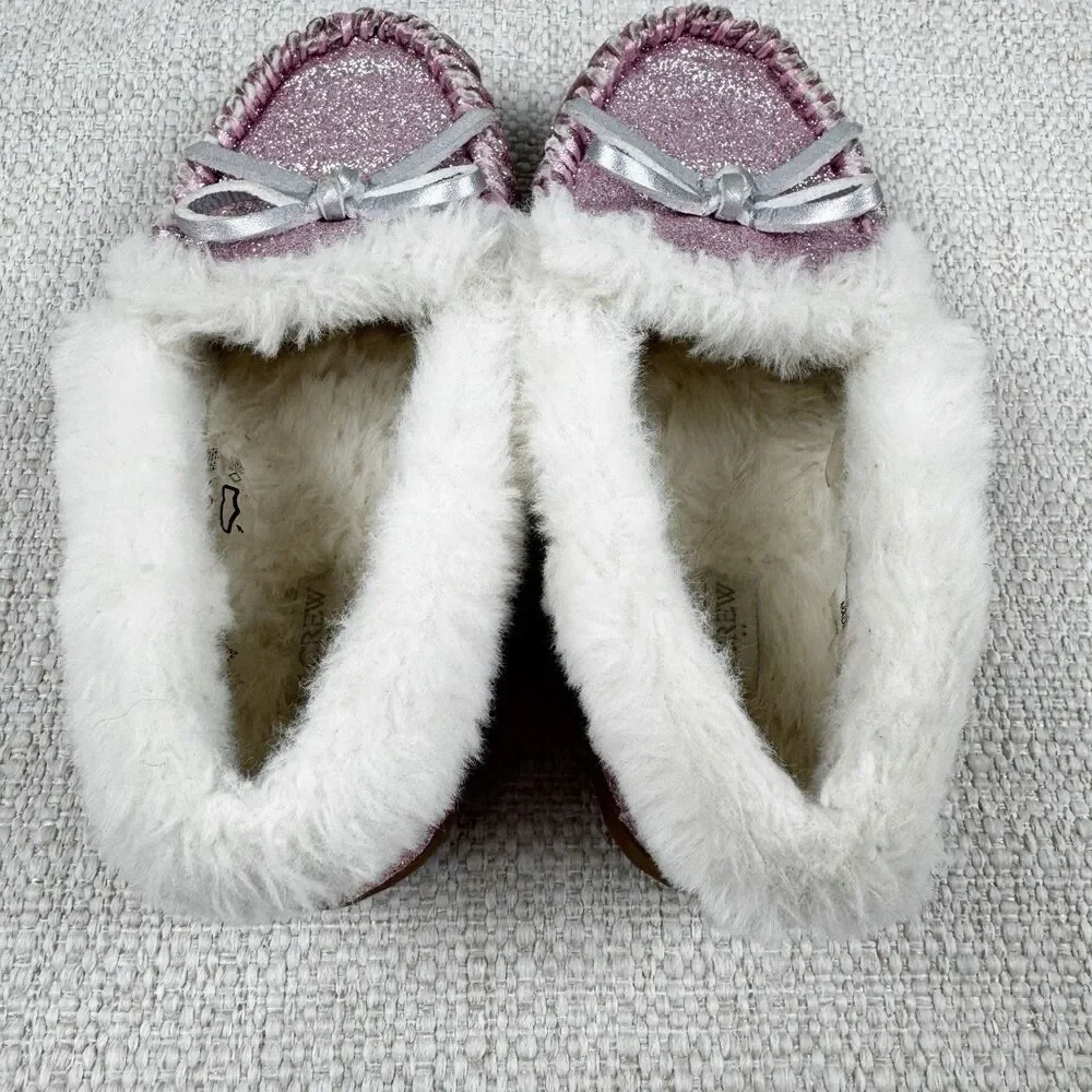 J Crew Youth Glitter Slippers Girls K12 Kids 12 Pink Faux Shearling Moccasin